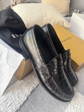 Rhude Black Croc-Embossed Leather Penny Loafers